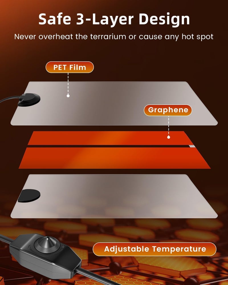 Glow Up 7W Reptile Vivarium Heat Mats, Pets Heating Pad with Temperature Adjustment, Amphibian Tank Warmer for Reptiles, Turtles, Snakes, Lizard, Gecko, Removable Under Tank Reptile Heating Mat, (2X) - Image 4